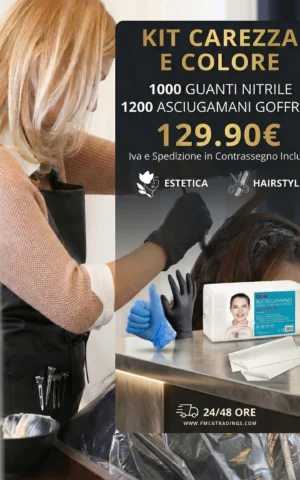 Locandina promozionale Kit Carezza e Colore a 129,90€: include 1000 guanti in nitrile, disponibili neri e blu, e 1200 asciugamani monouso goffrati per parrucchieri.