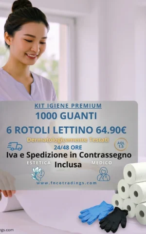 Grafica promozionale per centri estetici e studi medici. Un'operatrice sorridente in divisa stende un morbido rotolo di carta su un lettino. Al centro, i dettagli dell'offerta 'Kit Igiene Premium' a 64,90€: il pacchetto include 1000 guanti monouso (sia neri che blu) e 6 rotoli per lettino, con IVA, spedizione in 24/48 ore e pagamento in contrassegno inclusi. I prodotti sono dermatologicamente testati e con certificazione AQL 1.5.